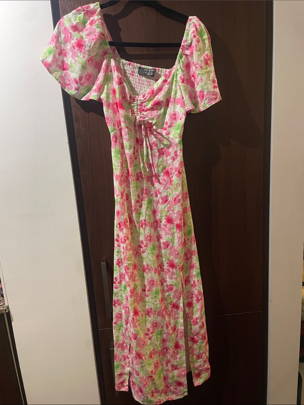 Primark Pink & Green Linen blend Maxi Dress with Puff Sleeves